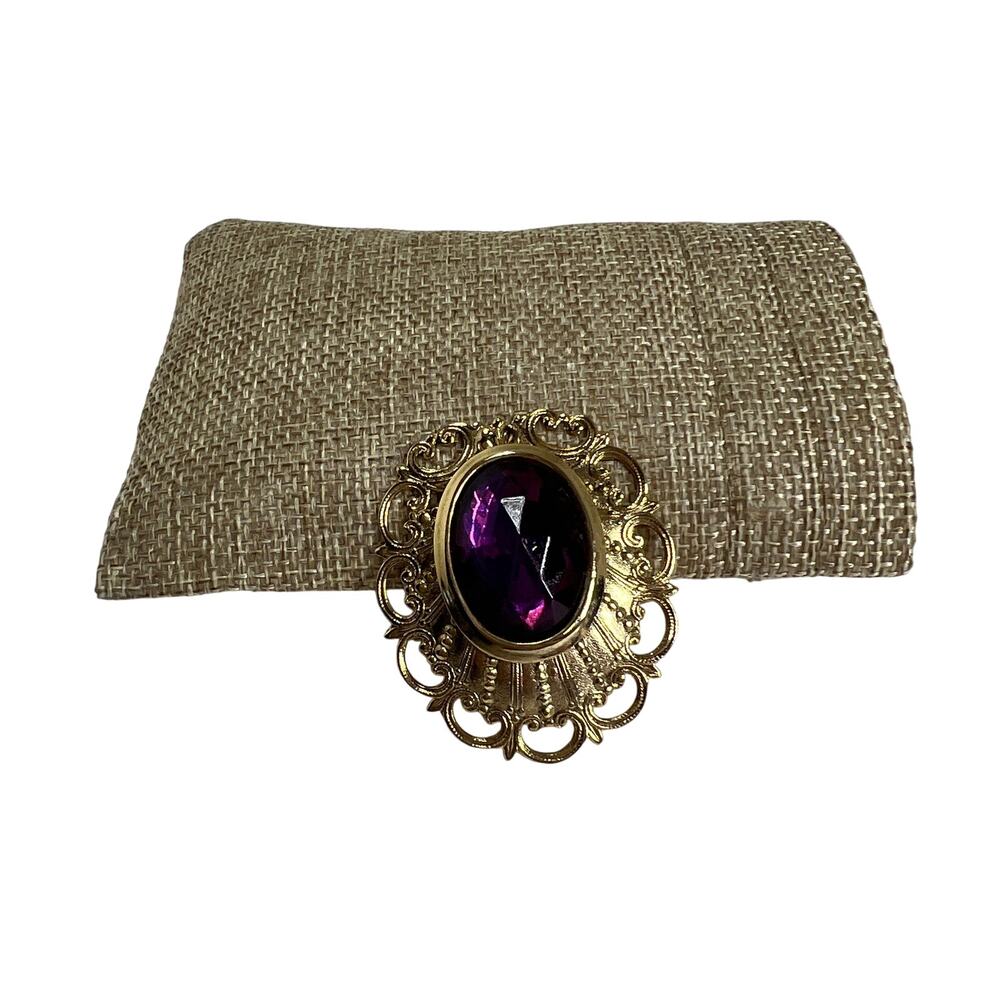 Vintage Gold Tone Filigree Purple Faceted Stone Brooch Oval Statement